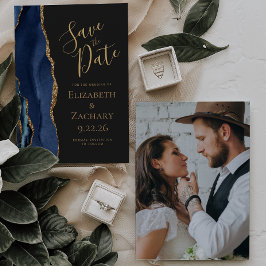Custom Foto Agate Blue Gold Dark Save the Date Einladung
