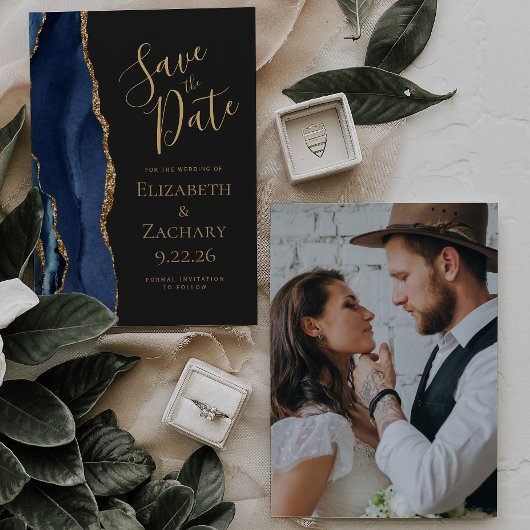 Custom Foto Agate Blue Gold Dark Save the Date Einladung