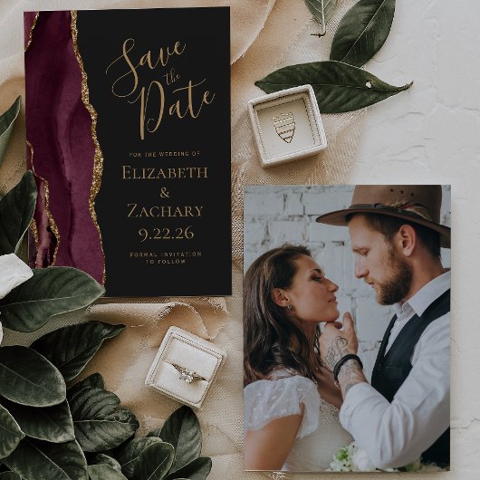 Custom Foto Agate Burgundy Gold Save the Date Einladung