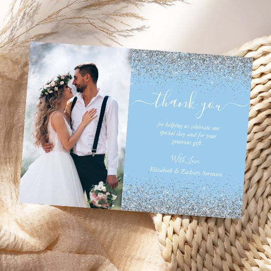 Custom Foto Baby Blue Silver Glitzer Hochzeit Dankeskarte