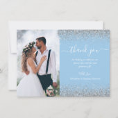 Custom Foto Baby Blue Silver Glitzer Hochzeit Dankeskarte (Vorderseite)