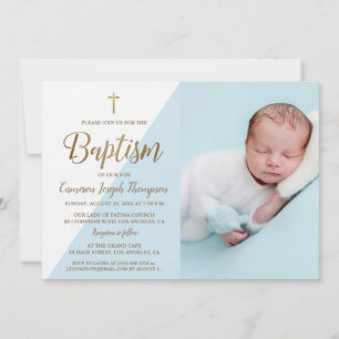 Custom Foto Baby Boy Taufe Gold Cross blau Einladung