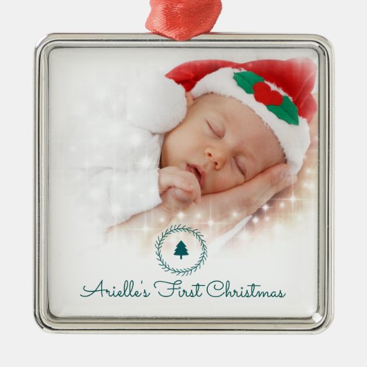 Custom Foto Baby's First Christmas Ornament Aus Metall (Vorne)