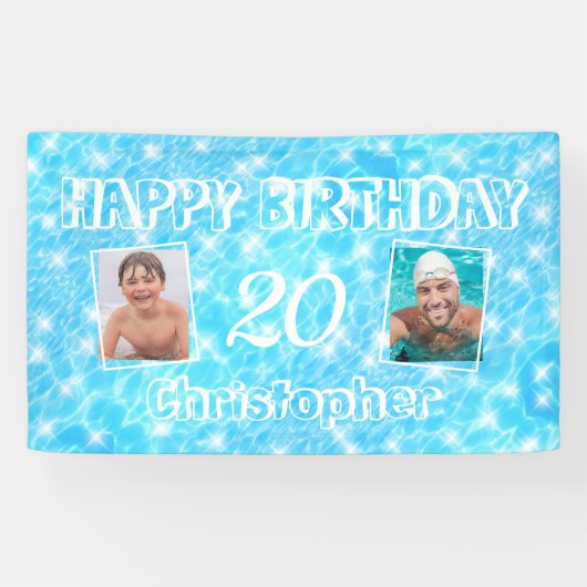 Custom Foto Birthday Pool Party Blue Water Ripple Banner (Horizontal)