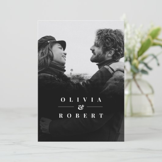 Custom Foto Black Abstrakt Silver Wedding Einladung (Stehend Vorderseite)