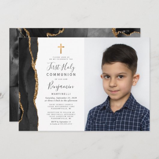 Custom Foto Black Agate Gold Erstkommunion Einladung (Vorne/Hinten)