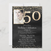 Custom Foto Black and Gold 50. Geburtstag Einladung (Vorderseite)