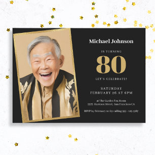 Custom Foto Black and Gold 80. Geburtstag Einladung
