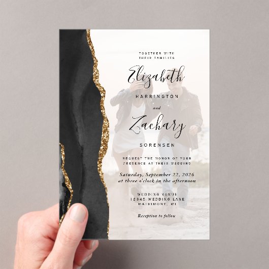 Custom Foto Black Gold Agate Hochzeit Acryleinladungen (Insitu (Handheld))