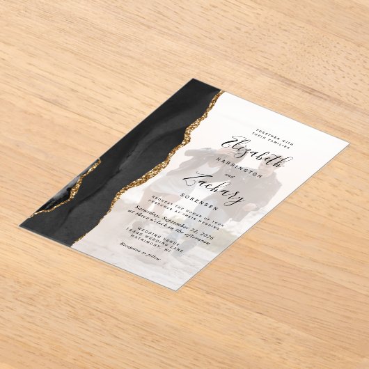 Custom Foto Black Gold Agate Hochzeit Acryleinladungen (Ablage )