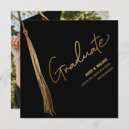 Custom Foto Black Gold Tassel Einzigartiger Abschl Dankeskarte (Vorne/Hinten)