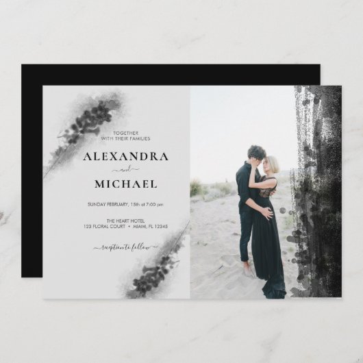 Custom Foto Black Lavander Floral Wedding Einladung (Vorne/Hinten)