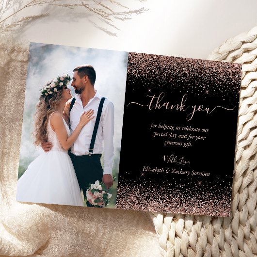 Custom Foto Black Rose Gold Glitzer Hochzeit Dankeskarte