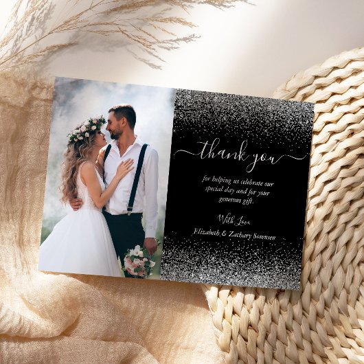 Custom Foto Black Silver Glitzer Hochzeit Dankeskarte