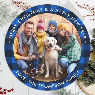 Custom Foto Blue Buffalo Kariert Frohe Weihnachten Runder Aufkleber