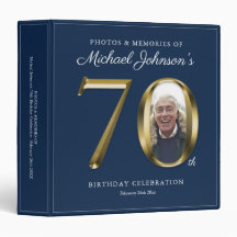 Custom Foto Blue Elegant Gold Text 70. Geburtstag
