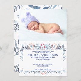 Custom Foto Blue Floral Baptisse Einladung