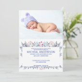 Custom Foto Blue Floral Baptisse Einladung (Stehend Vorderseite)