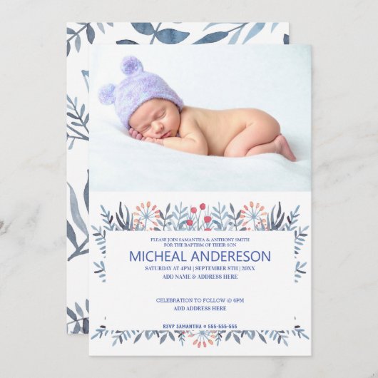 Custom Foto Blue Floral Baptisse Einladung (Vorne/Hinten)