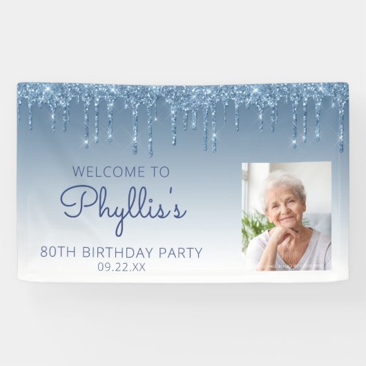 Custom Foto Blue Glitzer Tropfen 80. Geburtstag Banner (Horizontal)