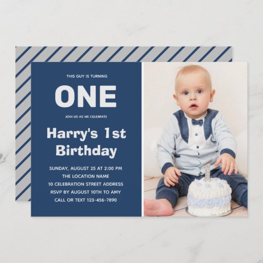 Custom Foto Blue Gray | Junge 1. Geburtstag Einladung (Vorne/Hinten)