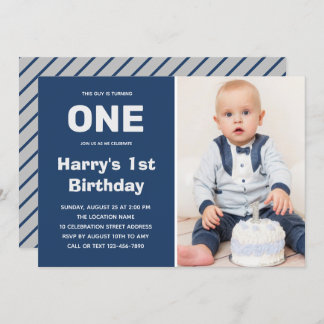 Custom Foto Blue Gray | Junge 1. Geburtstag Einladung