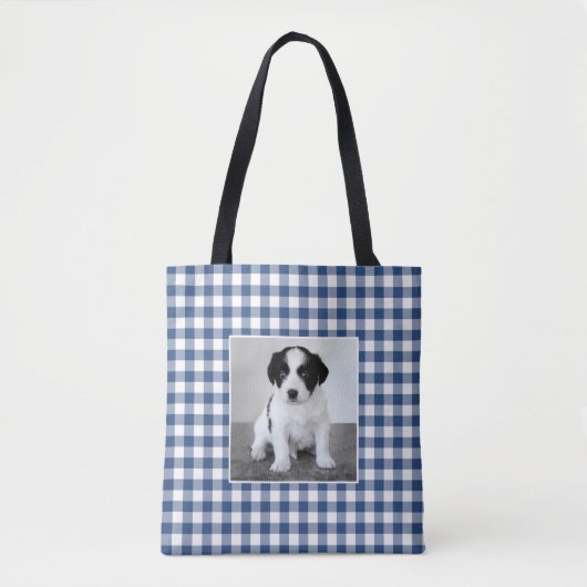 Custom Foto Blue White Gingham Karo Pattern Tasche (Vorderseite)