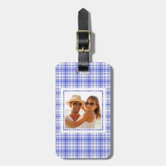 Custom Foto Blue White Kariert 2 Gepäckanhänger (Vorderseite vertikal)
