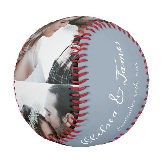 Custom Foto Bridge & Groom Script Name Dusty Blue Baseball (Schrägansicht)