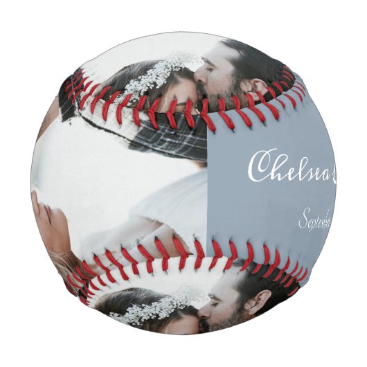Custom Foto Bridge & Groom Script Name Dusty Blue Baseball (Vorderseite)