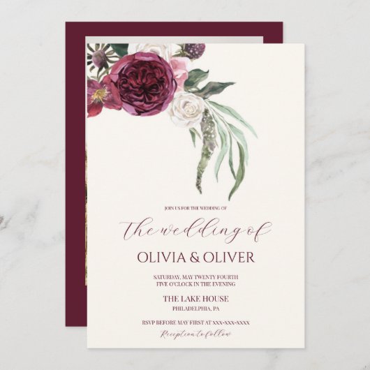 Custom Foto burgundy blush QR Code Hochzeit Einladung (Vorne/Hinten)