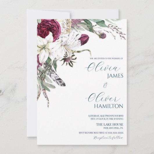 Custom Foto burgundy Marine QR Code Hochzeit Einladung (Vorderseite)