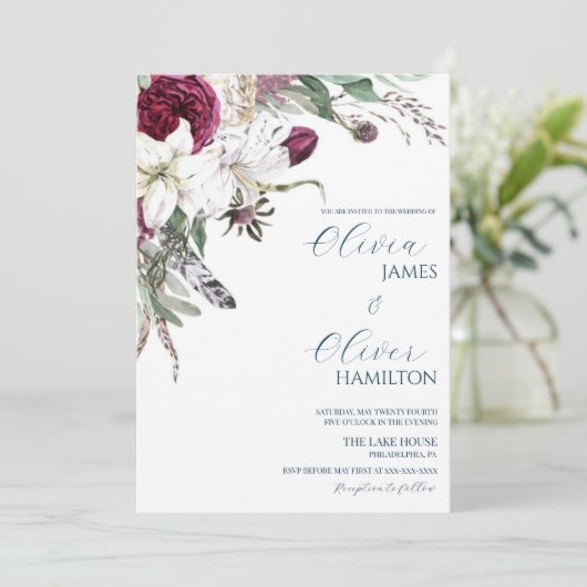 Custom Foto burgundy Marine QR Code Hochzeit Einladung (Stehend Vorderseite)