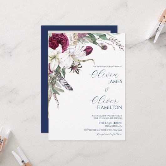 Custom Foto burgundy Marine QR Code Hochzeit Einladung (Vorderseite/Rückseite Beispiel)