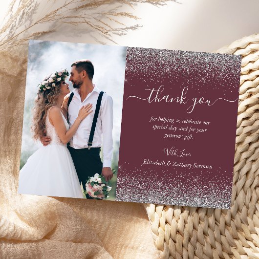 Custom Foto Burgundy Silver Glitzer Wedding Dankeskarte