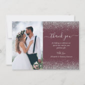 Custom Foto Burgundy Silver Glitzer Wedding Dankeskarte (Vorderseite)
