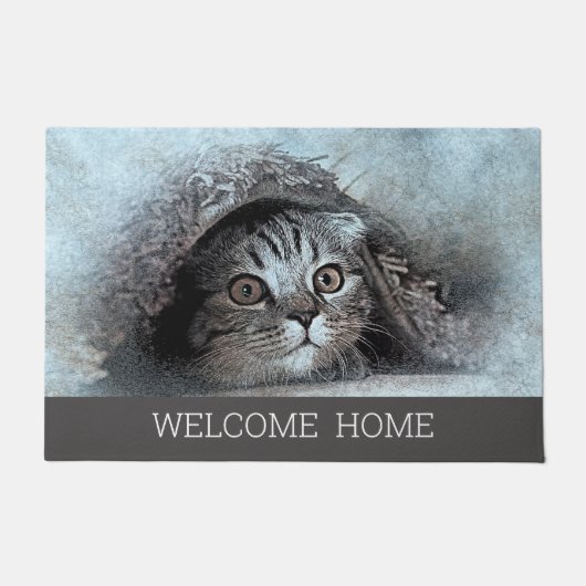 Custom Foto Cat Kitty Begrüßung Zuhause grau Fußmatte (Vorderseite)