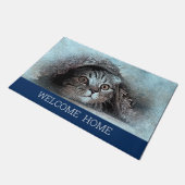 Custom Foto Cat Kitty Begrüßung Zuhause navy Blau Fußmatte (Schrägansicht)
