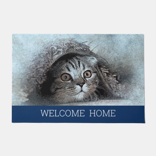 Custom Foto Cat Kitty Begrüßung Zuhause navy Blau Fußmatte (Vorderseite)