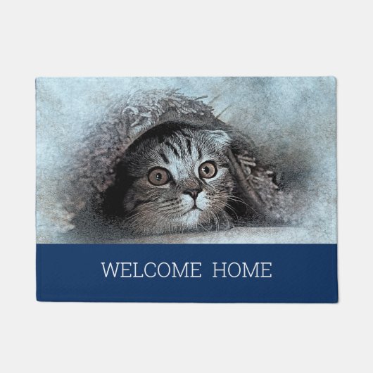 Custom Foto Cat Kitty Begrüßung Zuhause navy Blau Fußmatte (Vorderseite)