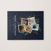 Custom Foto Christmas Collage Modern Holly Navy Puzzle (Horizontal)