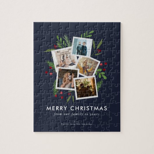 Custom Foto Christmas Collage Modern Holly Navy Puzzle (Vertikal)