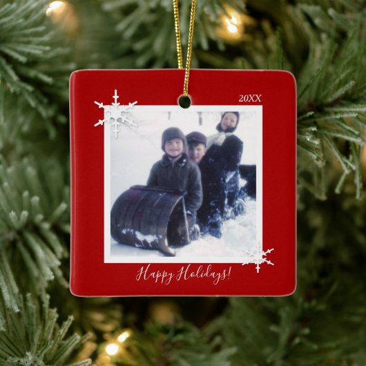 Custom Foto Christmas Red Snowflake Keramikornament (Baum)