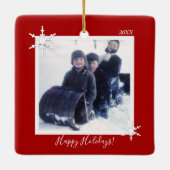 Custom Foto Christmas Red Snowflake Keramikornament (Rückseite)