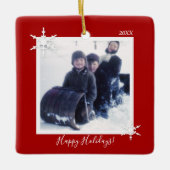 Custom Foto Christmas Red Snowflake Keramikornament (Vorderseite)