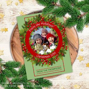 Custom Foto Classic Green Holly Red Berries Feiertagskarte