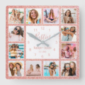Custom Foto Collage Besties Blush Pink Glitzer Quadratische Wanduhr (Vorderseite)