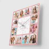 Custom Foto Collage Besties Blush Pink Glitzer Quadratische Wanduhr (Winkel)