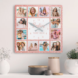Custom Foto Collage Besties Blush Pink Glitzer Quadratische Wanduhr