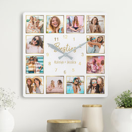 Custom Foto Collage Besties Gold White Quadratische Wanduhr